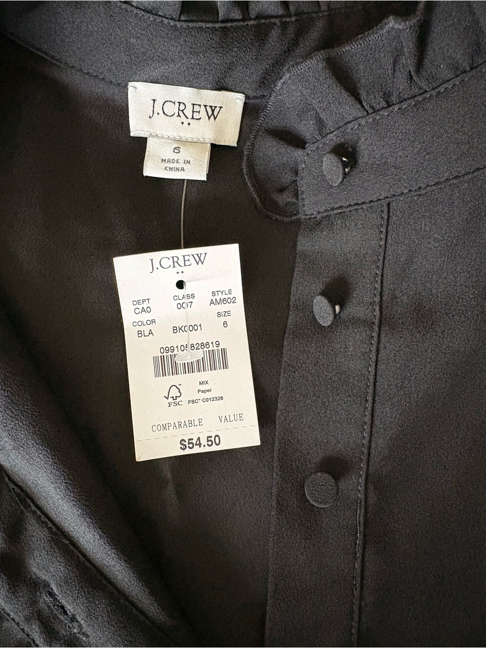 J. Crew Black Sleeveless Ruffle-Trim Button Placket Top Sz6 NWT - Picture 6 of 8